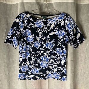 Lauren Ralph Lauren Floral Top Navy Blue White Royal Blue Size Large 100% Cotton